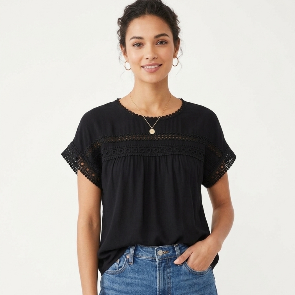 Black Crochet Lace Scalloped Babydoll Rayon Blouse L - Flower & Feather